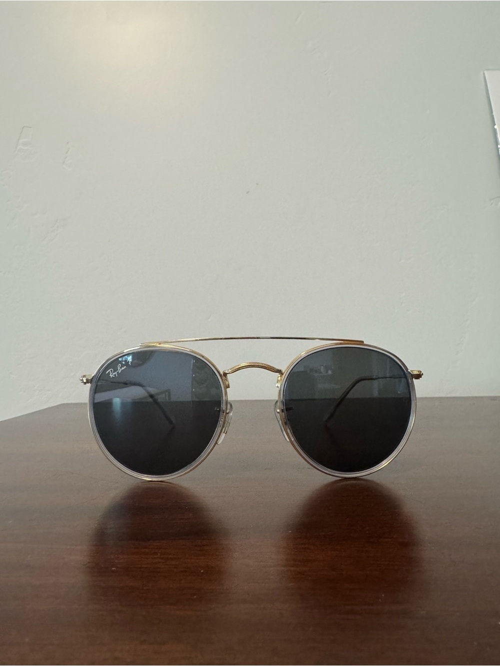 Ray-Ban Round Double Bridge Sunglasses in Gold with Black Lenses